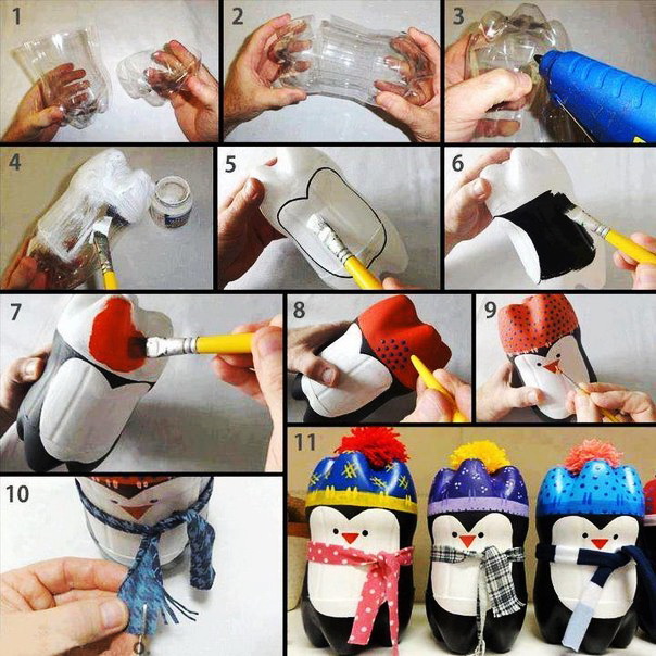 Учимся делать с пластиковой бутылки красивого пингвина, с шикарной шапкой)